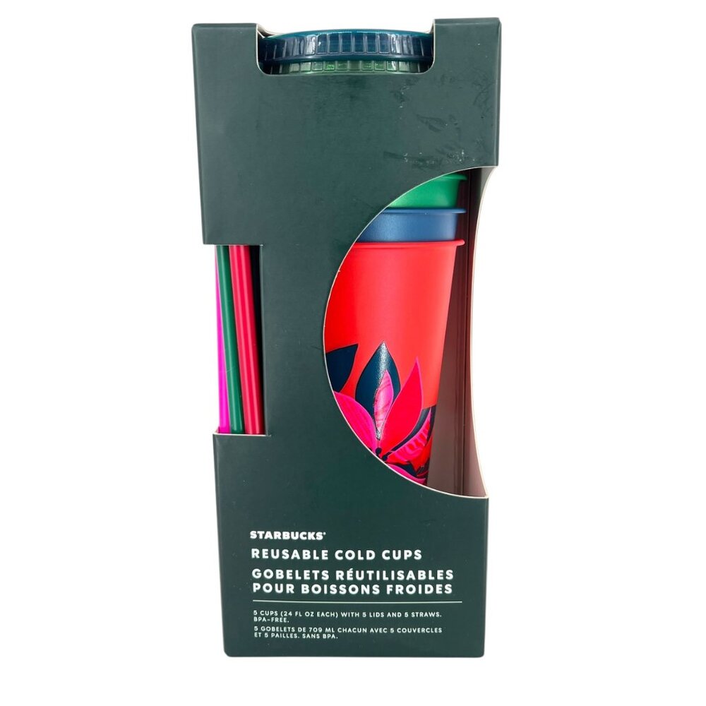 Starbucks Holiday Season Reusable Cold Cups 5 Pack With Lids Straws 24 Oz